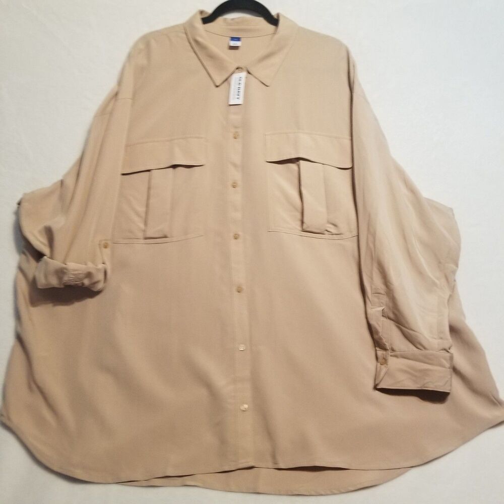 Old Navy 4X Top Tan Button Front Roll Tab Sleeve Utility Casual Minimalist Work